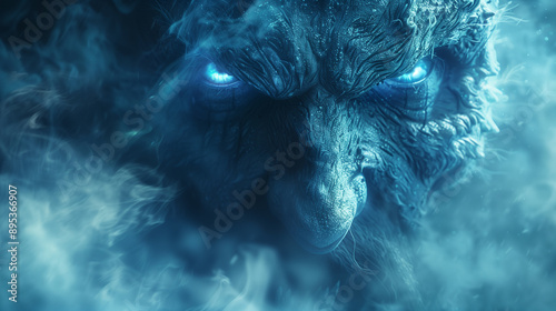 Menacing Monster Face with Sharp Features and Intense Eyes on Dark Background