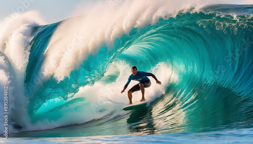 Surfer on blue ocean wave