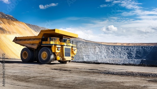 A heavy-duty dump truck operating in a mining site, showcasing industrial machinery against a backdrop of blue skies and mountains.