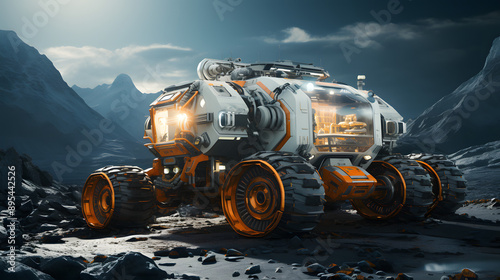 A futuristic lunar rover stands on a barren moonscape under a cloudy sky. Its large wheels and rugged design suggest it's built for challenging terrain.