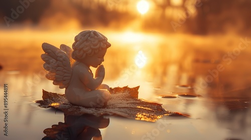 Little ceramic angel sits praying on a leaf in the silent lake at sunset, background image for mourning and farewell, death of a person