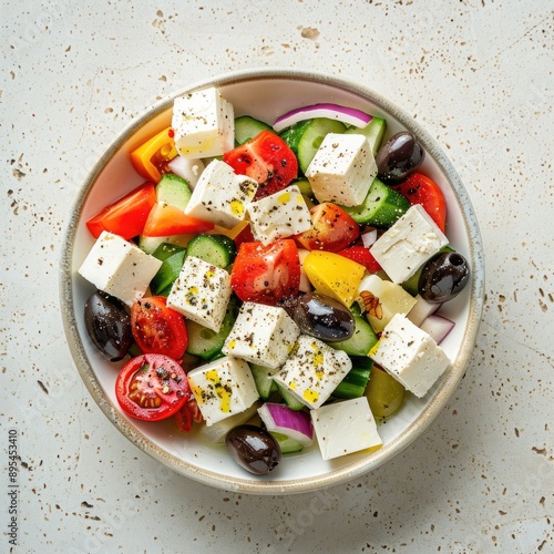 Fresh and Colorful Greek Salad with Feta Cheese and Kalamata Olives on Sandy Beige Granite Countertop, Top View Shot