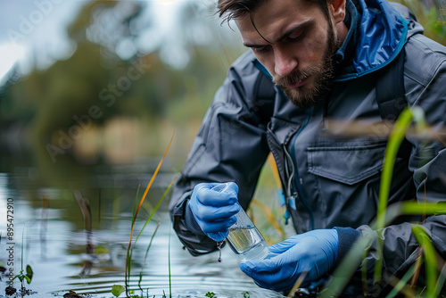 Man environment researcher inspecting water sample from lake. Ecology field research