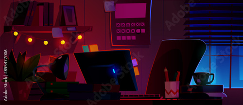 Workplace table in home room interior for remote work at night. Cartoon vector illustration of dark empty cozy place of employee or student with computer monitor and books on desk, shelf and calendar.