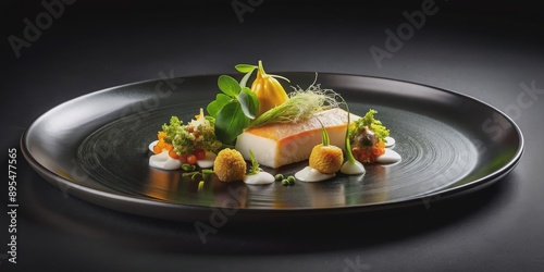 Beautifully arranged Michelin star restaurant dish on a black plate