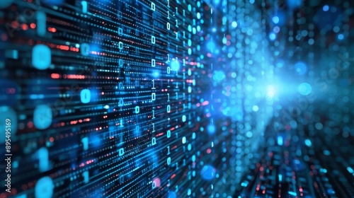 This abstract background image showcases the digital data stream with binary code, representing the concept of technology, information flow, connectivity, data processing, and innovation.