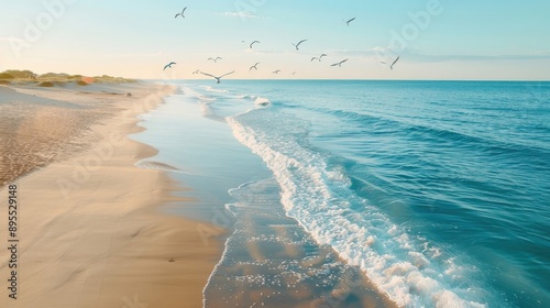 A high angle view of a pristine beach at dawn, with gentle waves and seagulls.
