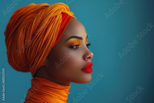 Profile of a black woman with vibrant orange headwrap against a blue background