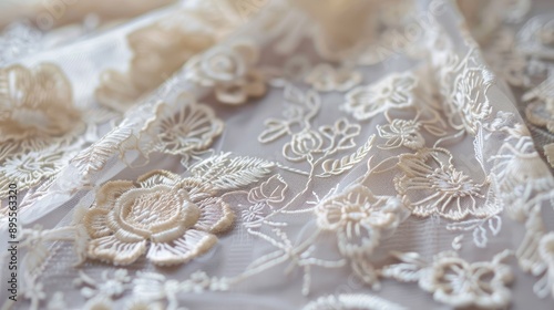 Luxurious Belgian lace fabric with detailed designs.