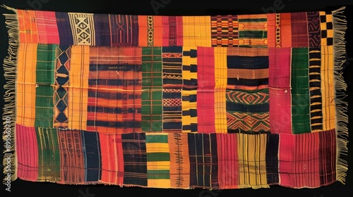 Richly woven African kente cloth with bold geometric patterns.