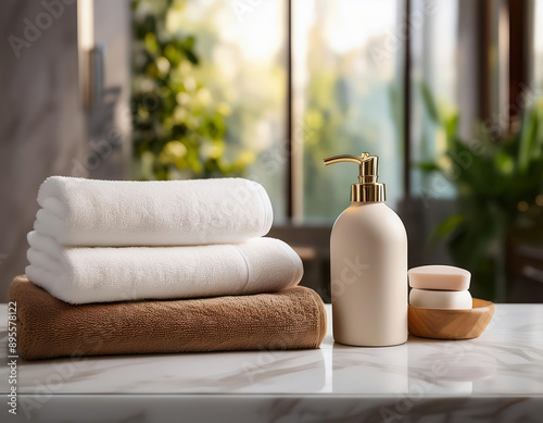 modern bathroom interior with towels and soap dispenser on countertop