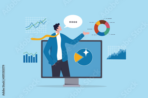 Online presentation webinar, conference or online seminar, consultation or data analyzing meeting, business discussion, financial expertise concept, businessman on computer screen presenting data.