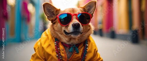 playful dog in vibrant outfit and sunglasses dancing on bright background travel concept.