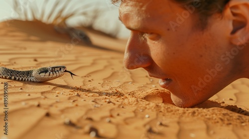 man discovering a snake desert environment cautious movement