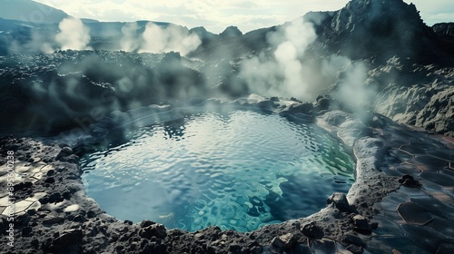 pool in a volcanic landscapeblack lava rocks nearbysteam rising from hot springs