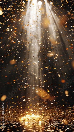 Dazzling Golden Confetti Shower on Abstract Festive Stage: Illuminated Empty Room with Spotlight for Awards Ceremony, Anniversary Celebration, New Year's Party, or Product Launch. Spectacular 4K Event