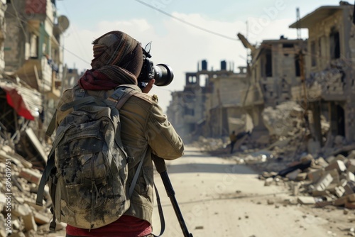 Photojournalist in War-Torn City.