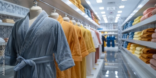 Professional photo: European adult men's bathrobes on perfectly white mannequins against the immaculate white walls of a premium store.