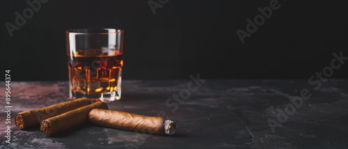 Cuban cigar and glass of whiskey with ice, simple minimalist luxury background