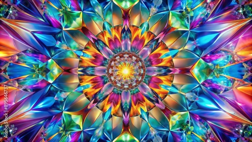 Vibrant prismatic colors radiate from center, exploding into kaleidoscope of abstract beauty against crystal clear background in stunning high definition clarity.