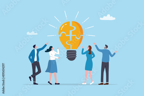 Idea brainstorming, cooperation or collaboration to get solution, teamwork or team meeting to develop idea together, employee participation concept, business people connect lightbulb jigsaw puzzle.