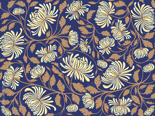 Hand drawn seamless pattern with beautiful chrysanthemums and leaves. Vector illustration, retro style. Can be used for embroidering flowers, wallpaper, etc.