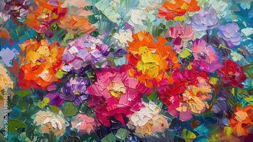 impressionist floral burst oil painting of exuberant blooms in a riot of saturated colors thick brushstrokes and textured canvas create a tactile energetic composition