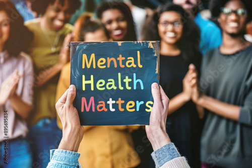 Hands holding a sign reading mental health matters with a diverse group of people clapping in the background