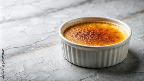 Crème brûlée en un ramekin blanco sobre una mesa de mármol. Postre elegante de la cocina francesa. Espacio libre para texto.