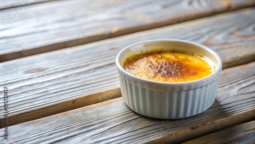 Crème brûlée en un ramekin blanco sobre una mesa de madera en un entorno rústico. Postre clásico de la cocina francesa. Espacio libre para texto.