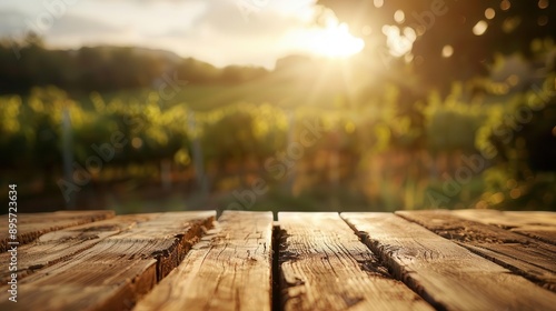 rustic wooden table in foreground blurred french vineyard landscape golden hour lighting wine tasting ambiance