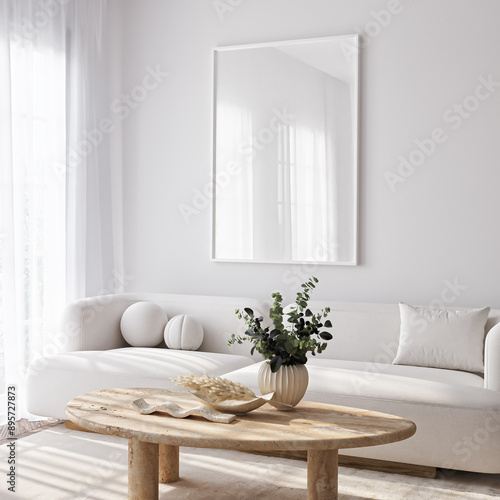 Frame mockup, ISO A paper size. Living room wall poster mockup. Interior mockup with house background. Modern interior design. 3D render 