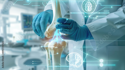 A doctor is holding out his hand to the camera. The close-up of the knee joint bone shows a detailed structure