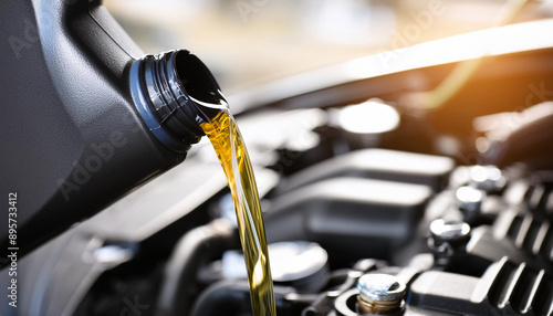 Pouring oil motor car lubricant from black bottle on engine background , service oil change auto repair shop; concept of petrochemical cleaning technology