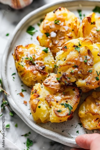 A delectable closeup of golden, crispy smashed potatoes garnished with fresh herbs and a sprinkle of sea salt, emitting a mouthwatering appeal and a sense of homemade comfort food.