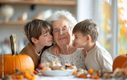 Grandkids Hugging Grandmother at Thanksgiving Dinner