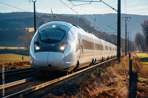 Closeup modern train in a scenic landscape, copy space. Detail of a high-speed train for intercity land travel