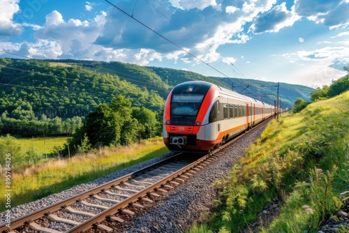 Closeup modern train in a scenic landscape, copy space. Detail of a high-speed train for intercity land travel