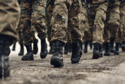 Closeup of army soldiers marching in formation on military parade ground