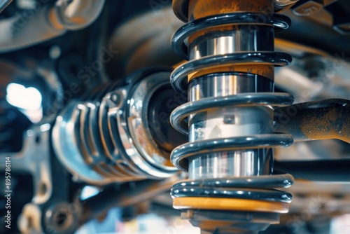 Close-Up of Car Suspension System. Close-up view of a car shock absorber and spring assembly