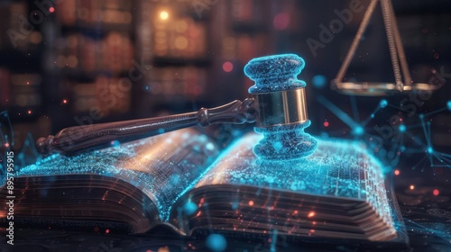 holographic law book projecting 3d courtroom scene quantum gavel suspending particles of justice ai judge presiding over cybertrial