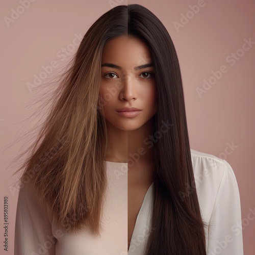 Portrait of a beautiful woman before and after hair straightening