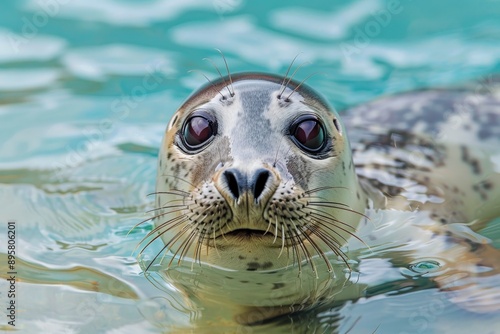 A seal floats in the water with its whiskers prominently visible; the image captures the essence of marine life and the serenity found in the natural aquatic environment.