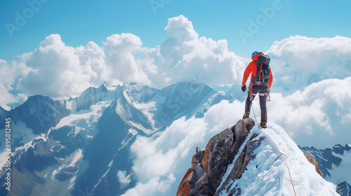 Climber reaches the top of a high peak with an impressive view