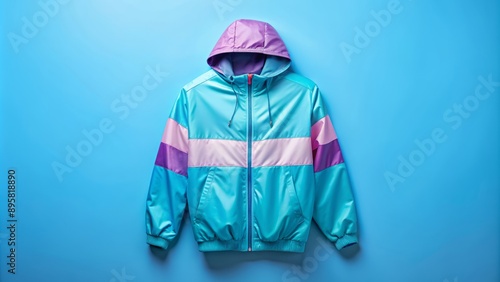 Vibrant blue studio background showcases a pastel-hued windbreaker on a clean, minimalist set, evoking a sense of modern electronic commerce.