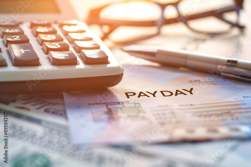 Calculator and paycheck on a desk representing payday and financial management