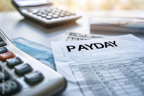 Calculator and paycheck on a desk representing payday and financial management