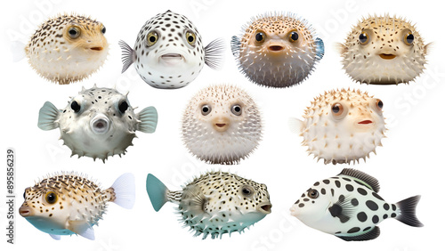 PNG puffer fish animal set, transparent background