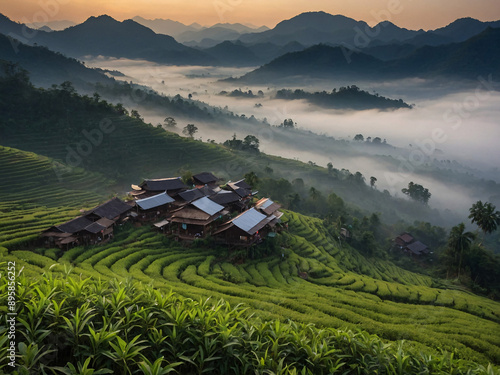 Chinese village Ban Rak Thai in misty tea fields, Mae Hong Son, Thailand