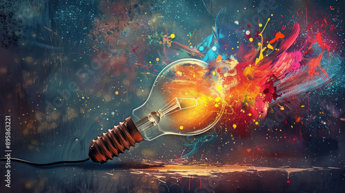 Exploding Light Bulb bursting with Vibrant Colors ignites imagination